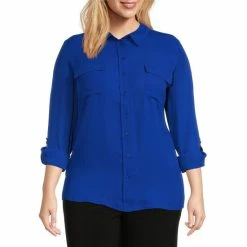 Best Sale 🎁 Investments Plus Size Olivia Point Collar Long Sleeve Button Front Roll-Tab Utility Blouse White 🛒