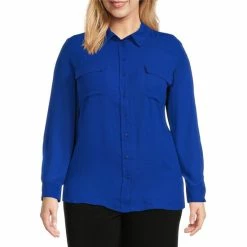 Best Sale 🎁 Investments Plus Size Olivia Point Collar Long Sleeve Button Front Roll-Tab Utility Blouse White 🛒 -Investments Shop unnamed file 452