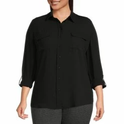 Best Sale 🎁 Investments Plus Size Olivia Point Collar Long Sleeve Button Front Roll-Tab Utility Blouse White 🛒 -Investments Shop unnamed file 454