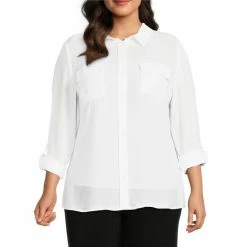 Best Sale 🎁 Investments Plus Size Olivia Point Collar Long Sleeve Button Front Roll-Tab Utility Blouse White 🛒 -Investments Shop unnamed file 457