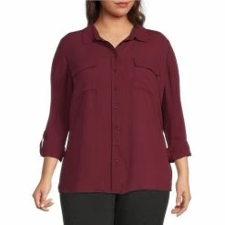 Best Sale 🎁 Investments Plus Size Olivia Point Collar Long Sleeve Button Front Roll-Tab Utility Blouse White 🛒 -Investments Shop unnamed file 458