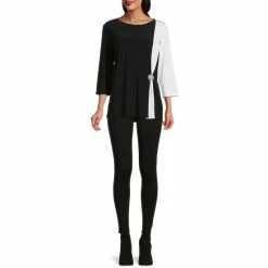 Wholesale 😍 Slim Factor By Investments Color Blocked Round Neck 3/4 Sleeve Pleated Front Brooch Detailed Top Black White 🔥 -Investments Shop unnamed file 485