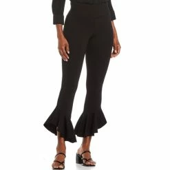 Outlet 🎁 Slim Factor By Investments Ponte Knit Wide Waistband Tapered Ruffle Flare Crop Pants Black ✨