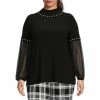 Best Sale ❤️ Slim Factor By Investments Plus Size Pearl Embellished Mock Neck Long Sleeve Blouse Black 🤩