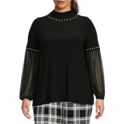 Best Sale ❤️ Slim Factor By Investments Plus Size Pearl Embellished Mock Neck Long Sleeve Blouse Black 🤩