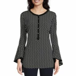 Best reviews of 🎉 Slim Factor By Investments Geometric Print Long Ruffled Sleeve Crew Neck Button Front Knit Top Mini Geo ✔️