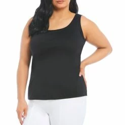 Promo 🔔 Slim Factor By Investments Plus Size Lexi Scoop Neck Sleeveless Soft Stretch Tank Top Black 🔥