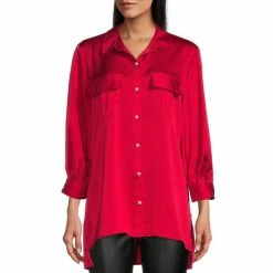 Cheap ⭐ Slim Factor By Investments Rich Red Puff Sleeve Button Front Satin Blouse 🛒
