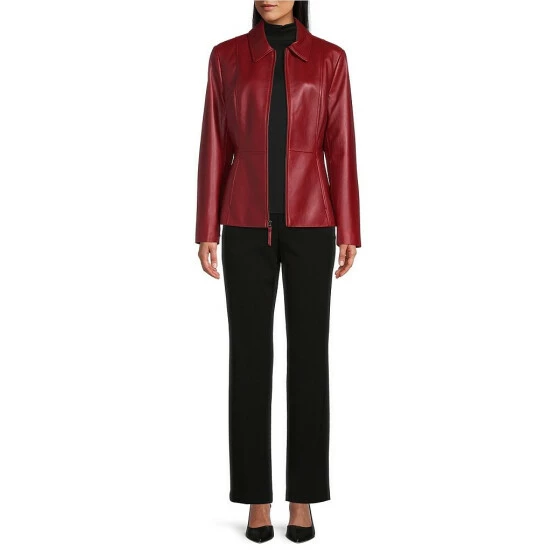 Best Sale 🎉 Investments Genuine Lamb Leather Point Collar Long Sleeve Zip Front Jacket Ruby Red 💯 7 Best Sale 🎉 Investments Genuine Lamb Leather Point Collar Long Sleeve Zip Front Jacket Ruby Red 💯 - Image 7