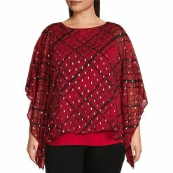 Brand new 😉 Slim Factor By Investments Plus Size Red Plaid Print Round Neck 3/4 Sleeve Poncho Red Black Plaid 🎁