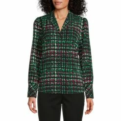 New 🧨 Investments Woven Multi Houndstooth Print Long Sleeve Button Front Notch Collar Top ⭐