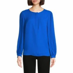 Promo 😀 Investments Woven Pleated Long Sleeve Jewel Neck Covered Half Button Placket Top Black 🎁
