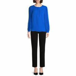 Promo 😀 Investments Woven Pleated Long Sleeve Jewel Neck Covered Half Button Placket Top Black 🎁 -Investments Shop unnamed file 619