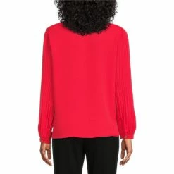 Promo 😀 Investments Woven Pleated Long Sleeve Jewel Neck Covered Half Button Placket Top Black 🎁 -Investments Shop unnamed file 621