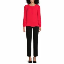 Promo 😀 Investments Woven Pleated Long Sleeve Jewel Neck Covered Half Button Placket Top Black 🎁 -Investments Shop unnamed file 622