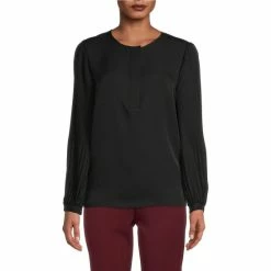Promo 😀 Investments Woven Pleated Long Sleeve Jewel Neck Covered Half Button Placket Top Black 🎁 -Investments Shop unnamed file 623