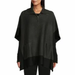 Buy 😍 Investments Zip Point Collar Elbow Sleeve Charcoal Black Border Sweater Poncho 💯