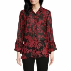 Coupon ⭐ Slim Factor By Investments Paisley Floral Print Ruffle Sleeve Button Front Blouse 😉