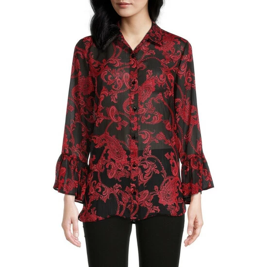 Coupon โญ Slim Factor By Investments Paisley Floral Print Ruffle Sleeve Button Front Blouse ๐ 1 Coupon โญ Slim Factor By Investments Paisley Floral Print Ruffle Sleeve Button Front Blouse ๐