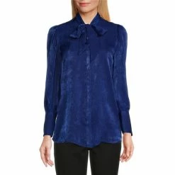 Budget 🎉 Investments Petite Size Long Sleeve Tie Y-Neck Button Front Top Gilded Beige 🧨