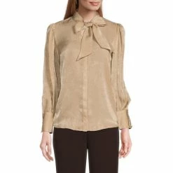 Budget 🎉 Investments Petite Size Long Sleeve Tie Y-Neck Button Front Top Gilded Beige 🧨 -Investments Shop unnamed file 664