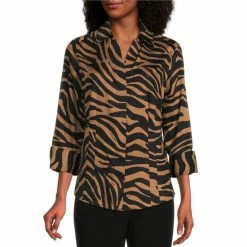 Coupon 😉 Investments Taylor Gold Label Non-Iron Point Collar 3/4 Flip Cuff Sleeve Neutral Zebra Print Hidden Button Front 👕 Shirt 🥰