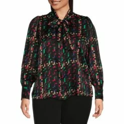 Cheapest ⌛ Investments Plus Size Pixel Plaid Print Long Sleeve Tie Y-Neck Button Front Top 😀