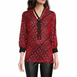 Cheap 🥰 Slim Factor By Investments Red Plaid Print 3/4 Sleeve Tie Neck Blouse Red Black Plaid 👍