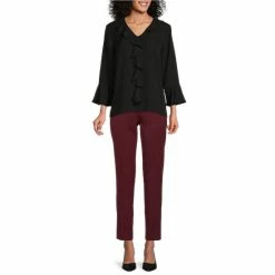 Coupon 😍 Investments Petite Size Riley Woven Cascading Ruffle V-Neck 3/4 Sleeve Top Burnt Ochre 🔔 -Investments Shop unnamed file 681