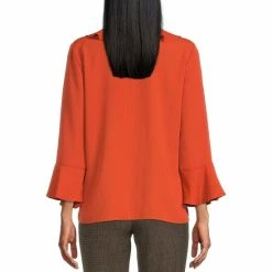 Coupon 😍 Investments Petite Size Riley Woven Cascading Ruffle V-Neck 3/4 Sleeve Top Burnt Ochre 🔔 -Investments Shop unnamed file 683