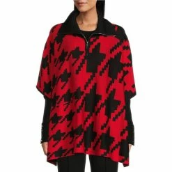 New 😉 Investments Zip Point Collar Elbow Sleeve Houndstooth Sweater Poncho Black Fossil Houndstooth 🛒