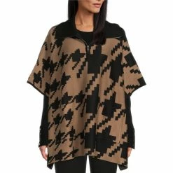 New 😉 Investments Zip Point Collar Elbow Sleeve Houndstooth Sweater Poncho Black Fossil Houndstooth 🛒 -Investments Shop unnamed file 693