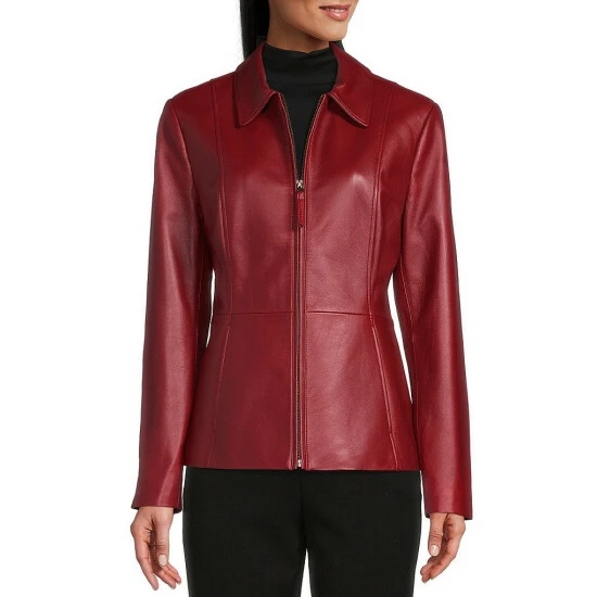Best Sale 🎉 Investments Genuine Lamb Leather Point Collar Long Sleeve Zip Front Jacket Ruby Red 💯 8 Best Sale 🎉 Investments Genuine Lamb Leather Point Collar Long Sleeve Zip Front Jacket Ruby Red 💯 - Image 8