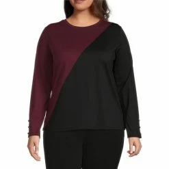 Discount ✨ Investments Plus Size Color Blocked Crew Neck Long Button Sleeve Knit Top Black/windsor Wine 🔔