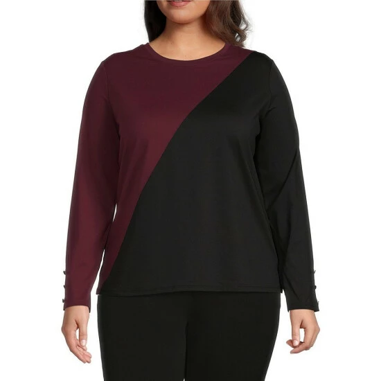 Discount โจ Investments Plus Size Color Blocked Crew Neck Long Button Sleeve Knit Top Black/windsor Wine ๐ 1 Discount โจ Investments Plus Size Color Blocked Crew Neck Long Button Sleeve Knit Top Black/windsor Wine ๐