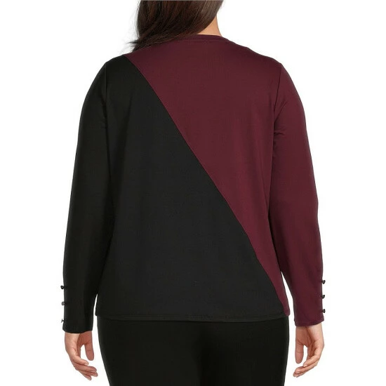 Discount โจ Investments Plus Size Color Blocked Crew Neck Long Button Sleeve Knit Top Black/windsor Wine ๐ 2 Discount โจ Investments Plus Size Color Blocked Crew Neck Long Button Sleeve Knit Top Black/windsor Wine ๐ - Image 2