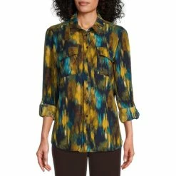 Best Sale 🔔 Investments Olivia Blurred Ikat Point Collar Long Roll-Tab Sleeve Button Front Utility Blouse 🛒