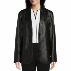 Budget β¨ Investments Genuine Lamb Leather Notch Lapel Long Sleeve 3-Button Front Blazer Black π