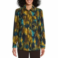 Best Sale 🔔 Investments Olivia Blurred Ikat Point Collar Long Roll-Tab Sleeve Button Front Utility Blouse 🛒 -Investments Shop unnamed file 730