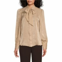 Flash Sale 🤩 Investments Long Sleeve Bow Tie Detail Y-Neck Button Front Top Gilded Beige 🎉 -Investments Shop unnamed file 740