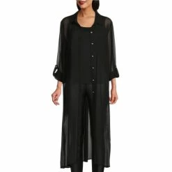 Hot Sale 👏 Slim Factor By Investments Rhinestone Button Front Chiffon Tunic Black 👍