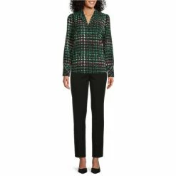 Deals 🔔 Investments Petite Size Woven Multi Houndstooth Print Long Sleeve Button Front Notch Collar Top ✔️ -Investments Shop unnamed file 748