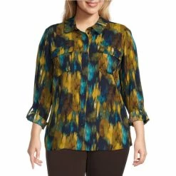 Best deal ✨ Investments Plus Size Olivia Blurred Ikat Print Point Collar Long Roll-Tab Sleeve Button Front Utility Blouse 🥰