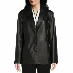Budget ✨ Investments Genuine Lamb Leather Notch Lapel Long Sleeve 3-Button Front Blazer Black 👏 -Investments Shop unnamed file 76