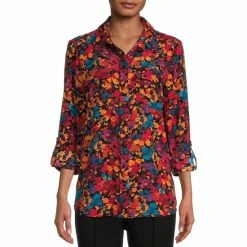 Brand new ✨ Investments Petite Size Olivia Abstract Floral Print Point Collar Long Roll-Tab Sleeve Button Front Utility Blouse Abstract Watercolor Floral ⭐