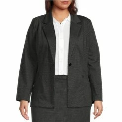 Best Sale 🥰 Investments Plus Size Signature Ponte Black White Tweed Print Long Sleeve One Button Coordinating Blazer 👏
