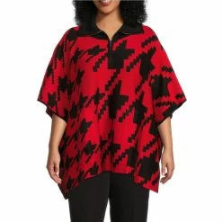 Best Pirce 🧨 Investments Plus Size Zip Point Collar Elbow Sleeve Houndstooth Sweater Poncho Black Red Houndstooth 👏