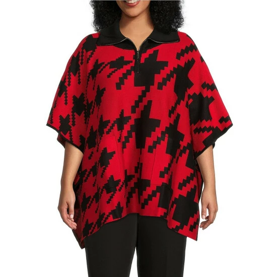 Best Pirce ๐งจ Investments Plus Size Zip Point Collar Elbow Sleeve Houndstooth Sweater Poncho Black Red Houndstooth ๐ 1 Best Pirce ๐งจ Investments Plus Size Zip Point Collar Elbow Sleeve Houndstooth Sweater Poncho Black Red Houndstooth ๐