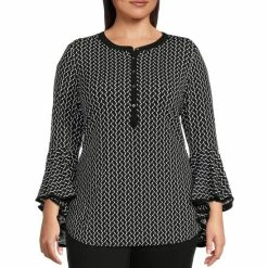 Hot Sale 👏 Slim Factor By Investments Plus Size Geometric Print 3/4 Ruffled Sleeve Crew Neck Knit Blouse Mini Geometric 🥰