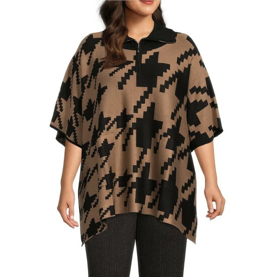 Best Pirce ๐งจ Investments Plus Size Zip Point Collar Elbow Sleeve Houndstooth Sweater Poncho Black Red Houndstooth ๐ 4 Best Pirce ๐งจ Investments Plus Size Zip Point Collar Elbow Sleeve Houndstooth Sweater Poncho Black Red Houndstooth ๐ - Image 4